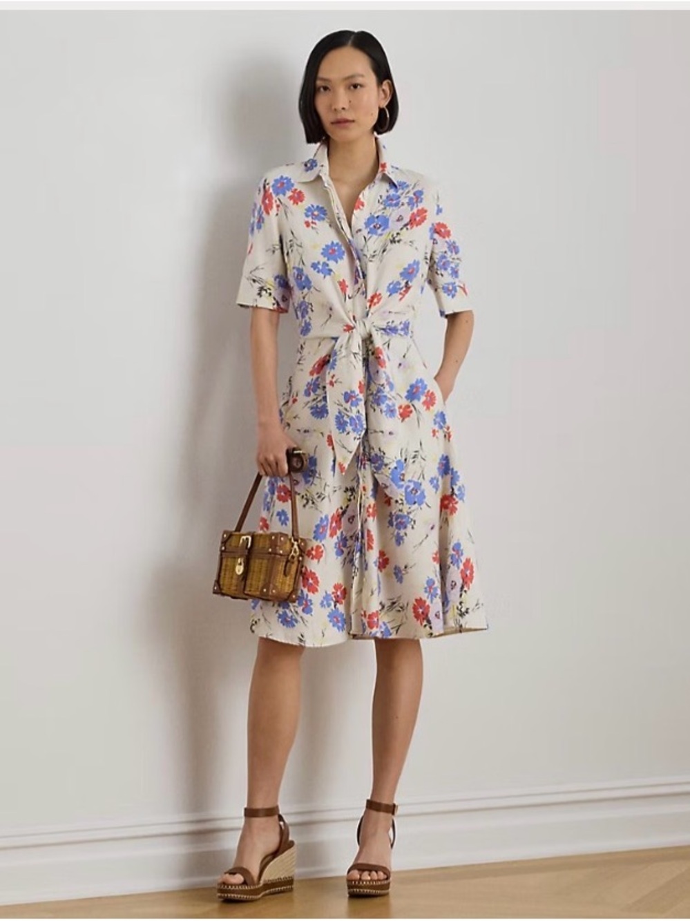 Lauren Ralph Lauren NWT 10 Floral Collared Midi Shirt Dress Tie $215